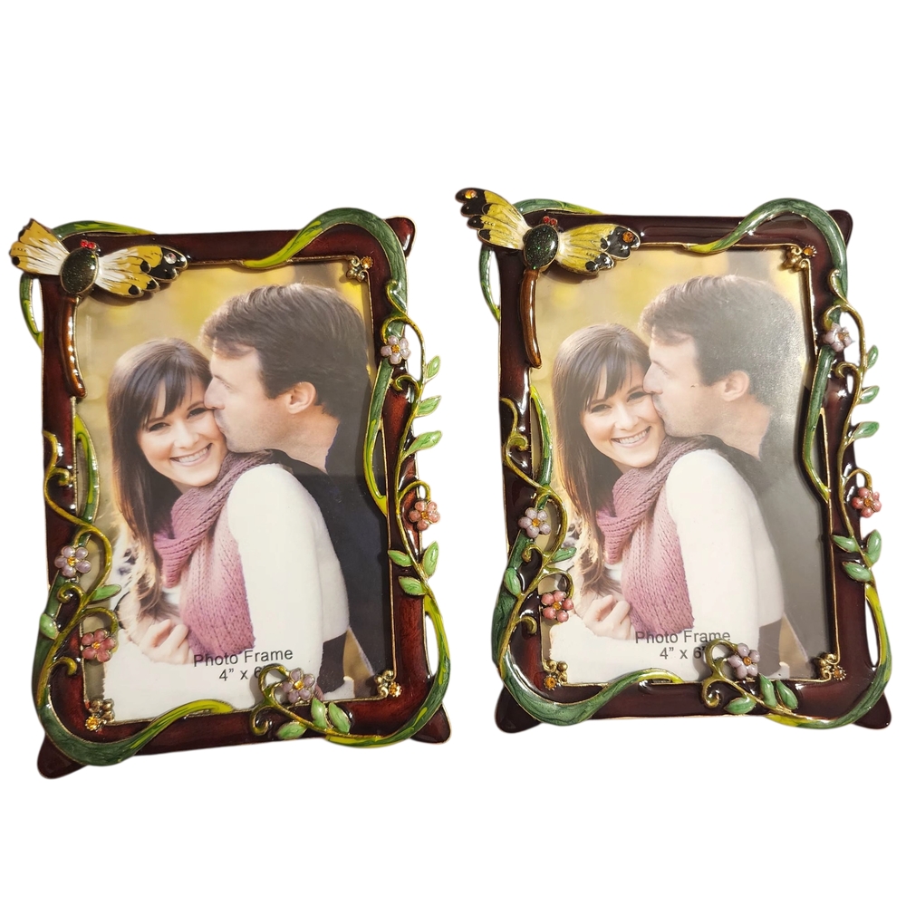 (2) Decorative Dragonfly Enamel Picture Frames | Handpainted | Pair of Two